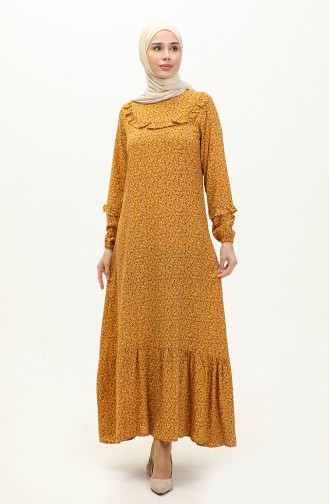 Ruffled Patterned Viscose Dress 0179-09 Mustard 0179-09