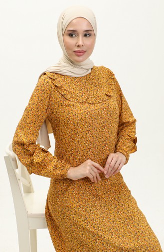 Ruffled Patterned Viscose Dress 0179-09 Mustard 0179-09