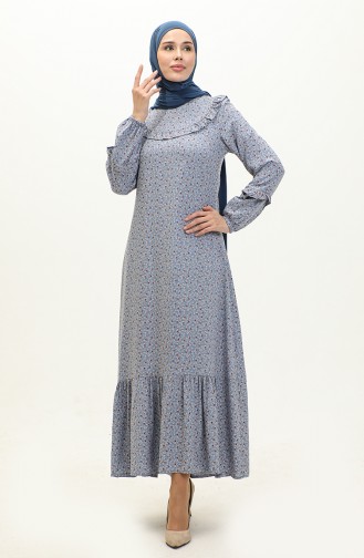 Ruffled Patterned Viscose Dress 0179-10 Blue 0179-10