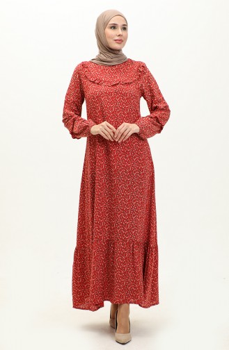 Frilly Patterned Viscose Dress 0179-12 Light Claret Red 0179-12