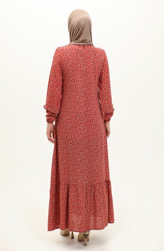 Fırfırlı Desenli Viskon Elbise 0179-13 Kırmızı Siyah