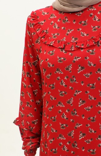 Fırfırlı Desenli Viskon Elbise 0179-14 Kırmızı Kahverengi