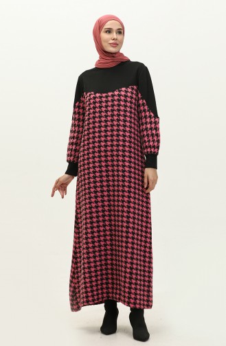 Kazayağı Desenli Elbise 0183-02 Siyah Pembe