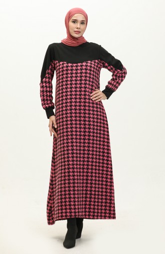 Houndstooth Patterned Dress 0183-02 Black Pink 0183-02