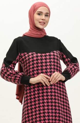 Houndstooth Patterned Dress 0183-02 Black Pink 0183-02