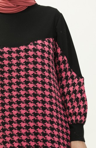 Robe A Motifs Pied De Poule 0183-02 Noir Rose 0183-02