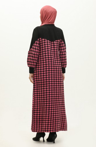 Kazayağı Desenli Elbise 0183-02 Siyah Pembe