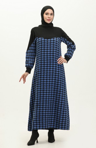فستان منقوش  0183-03  أسود أزرق ملكي 0183-03