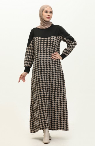 Houndstooth Patterned Dress 0183-04 Black Mink 0183-04