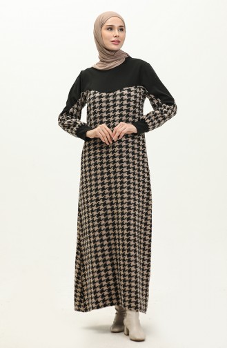 Houndstooth Patterned Dress 0183-04 Black Mink 0183-04