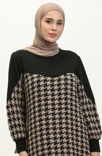 Houndstooth Patterned Dress 0183-04 Black Mink 0183-04