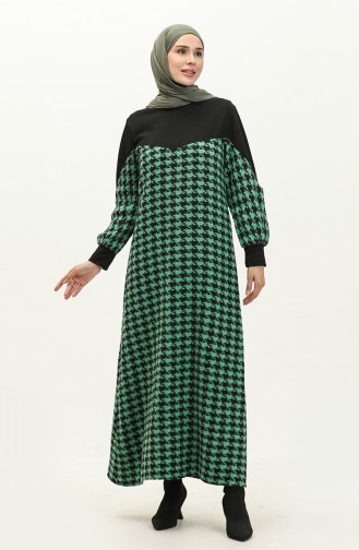 Houndstooth Patterned Dress 0183-05 Black Green 0183-05