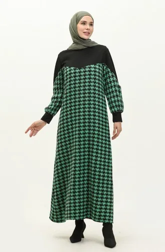 Gänsefuß gemustertes Kleid 0183-05 Schwarz Grün 0183-05