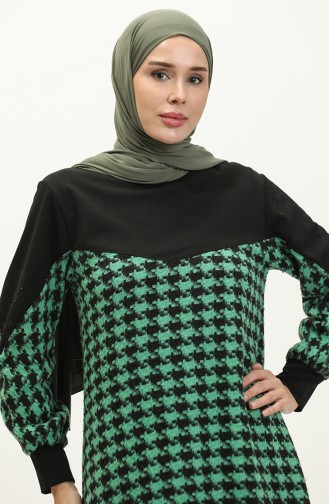 Kazayağı Desenli Elbise 0183-05 Siyah Yeşil