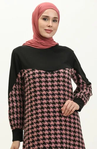 Robe A Motifs Pied De Poule 0183-06 Noir Rose Poudré 0183-06