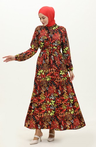 Flower Patterned Dress 0245-01 Black Red 0245-01