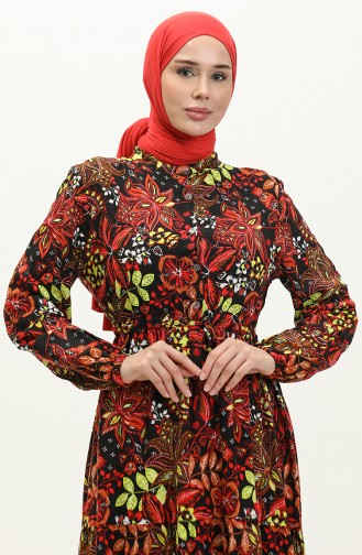 Flower Patterned Dress 0245-01 Black Red 0245-01