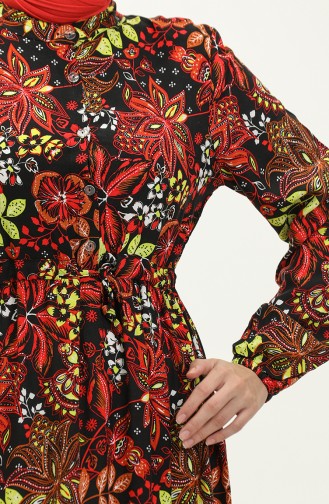 Flower Patterned Dress 0245-01 Black Red 0245-01