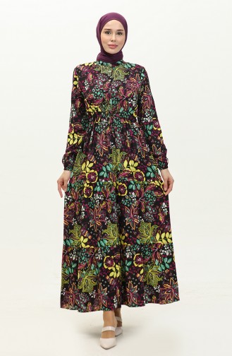 Flower Patterned Dress 0245-03 Black Purple 0245-03