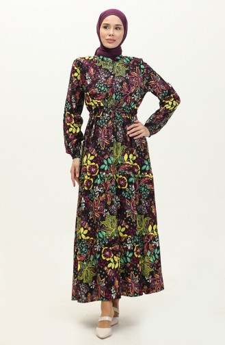 Flower Patterned Dress 0245-03 Black Purple 0245-03