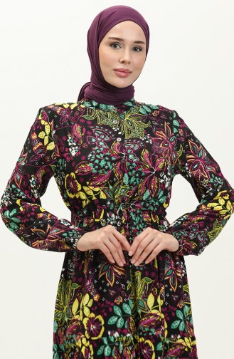 Flower Patterned Dress 0245-03 Black Purple 0245-03