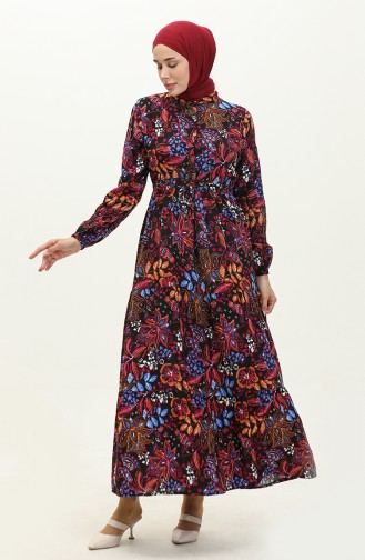 Flower Patterned Dress 0245-04 Black Fuchsia 0245-04