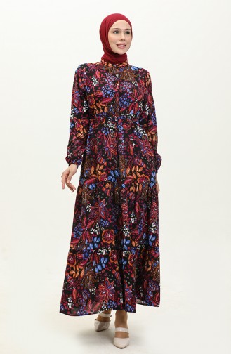 Flower Patterned Dress 0245-04 Black Fuchsia 0245-04