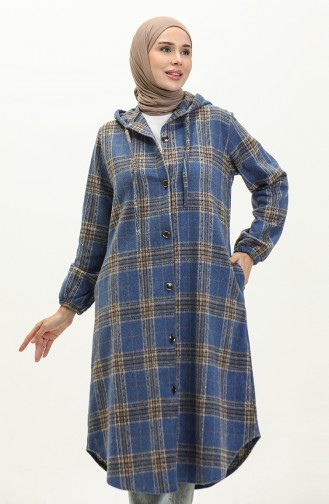 Ekose Desenli Kapüşonlu Tunik0181-02 Mavi