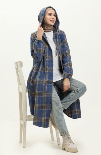 Ekose Desenli Kapüşonlu Tunik0181-02 Mavi