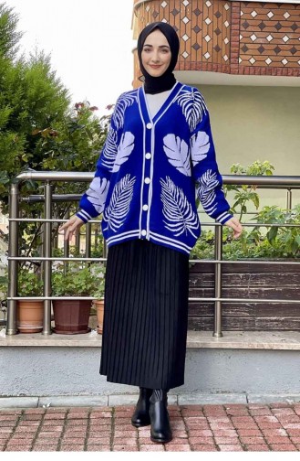 Yaprak Desenli Triko Hırka Saks Mavisi
