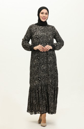 Geribbelde Voile-jurk Met Patroon 0129D-02 Zwartgrijs 0129D-02