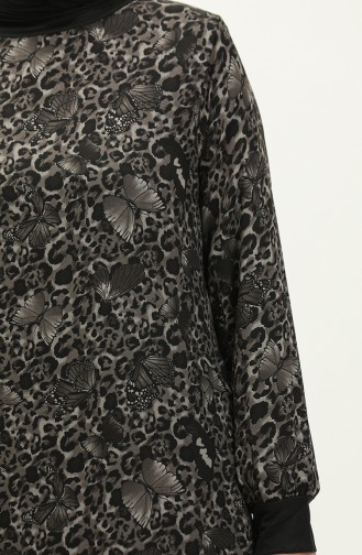 Ribanalı Desenli Vual Elbise 0129D-02 Siyah Gri