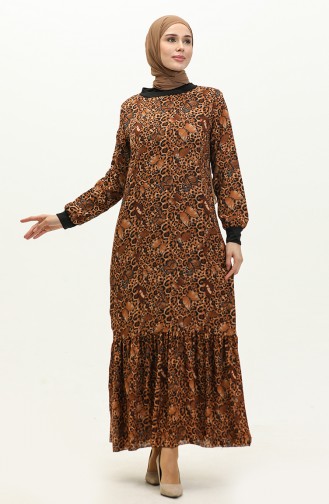Geribbelde Voile-jurk Met Patroon 0129D-04 Zwartbruin 0129D-04