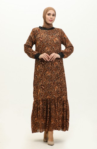 Geribbelde Voile-jurk Met Patroon 0129D-04 Zwartbruin 0129D-04