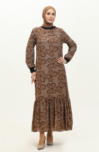 Ribbed Patterned Voile Dress 0129e-02 Black Brown 0129E-02
