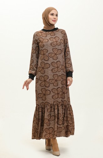 Geribbelde Voile-jurk Met Patroon 0129E-02 Zwartbruin 0129E-02