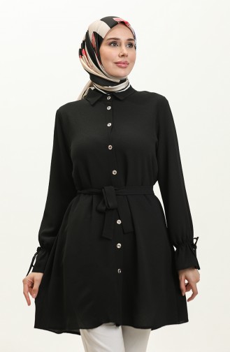 Boydan Düğmeli Kuşaklı Tunik 1007-05 Siyah