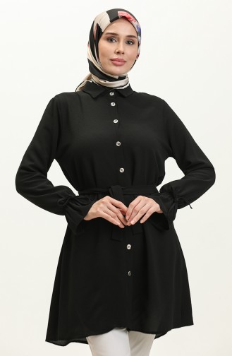 Boydan Düğmeli Kuşaklı Tunik 1007-05 Siyah