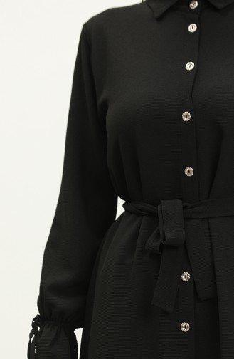 Boydan Düğmeli Kuşaklı Tunik 1007-05 Siyah
