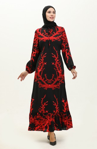 Viskon Uzun Kol Elbise 6699-15 Siyah Kırmızı
