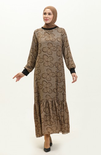 Ribanalı Desenli Vual Elbise 0129E-04 Siyah Bej