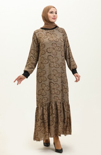 Ribanalı Desenli Vual Elbise 0129E-04 Siyah Bej