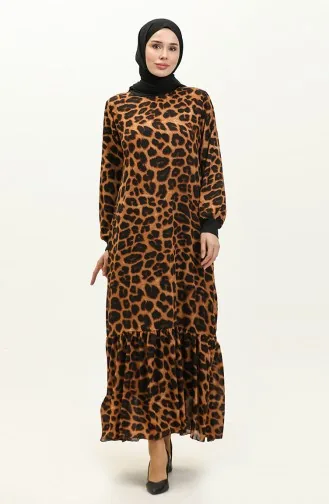 Geripptes Gemustertes Voilekleid 0129H-03 Hellbraun 0129H-03