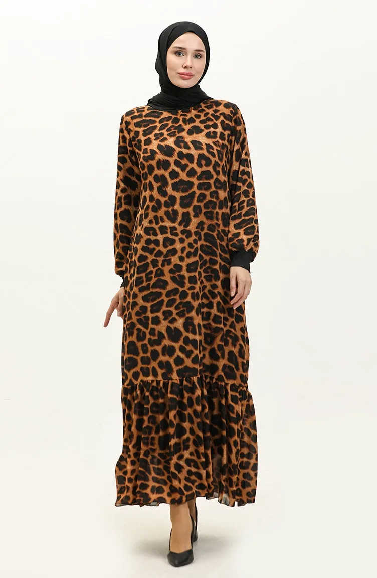 Geripptes Gemustertes Voilekleid 0129H-03 Hellbraun 0129H-03