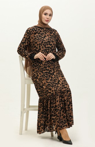 Ribanalı Desenli Vual Elbise 0129-03 Kahverengi Siyah