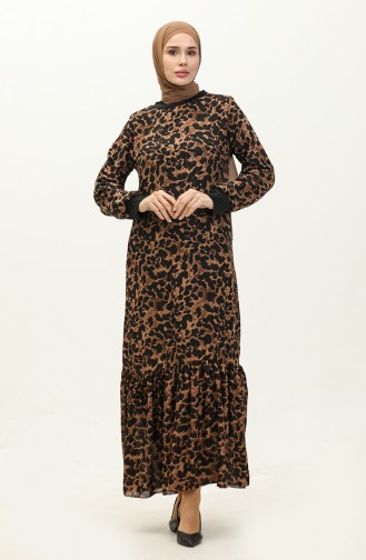 Ribbed Patterned Voile Dress 0129-03 Brown Black 0129-03