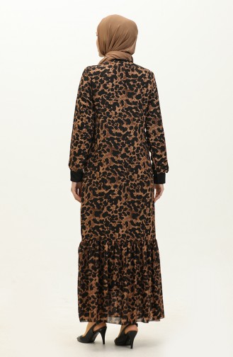 Ribanalı Desenli Vual Elbise 0129-03 Kahverengi Siyah