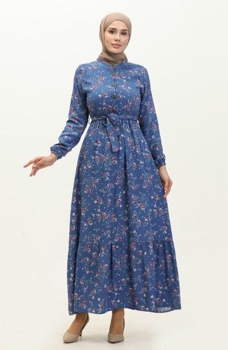 Viscose-jurk Met Bloemenpatroon 5068-08 Indigo 5068-01
