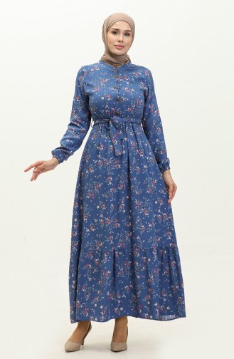 Floral Patterned Viscose Dress 5068-08 İndigo 5068-01