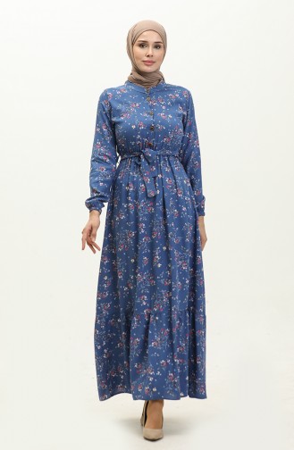 Floral Patterned Viscose Dress 5068-08 İndigo 5068-01